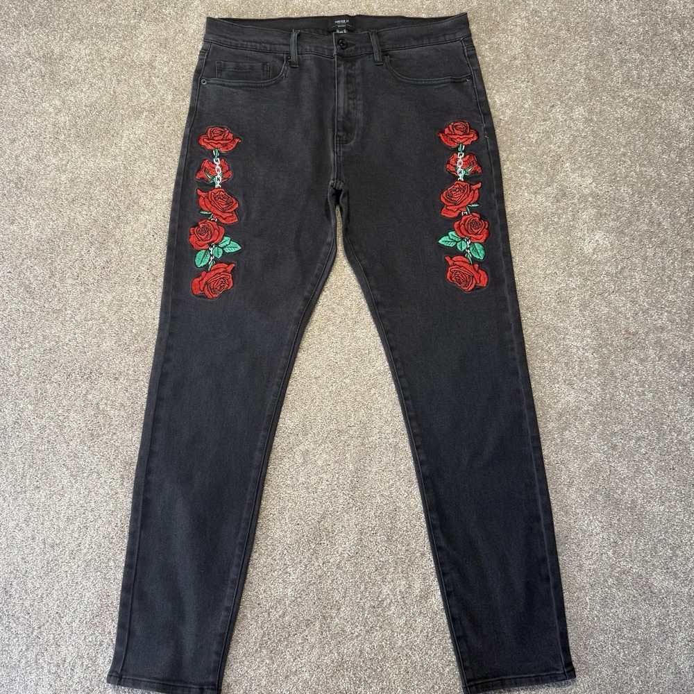Forever 21 men's embroidered rose skinny jeans.